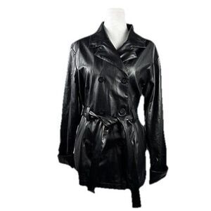 Womens Rave Vegan Leather Coat Jacket Large 12-14. Belted Double Breasted Black